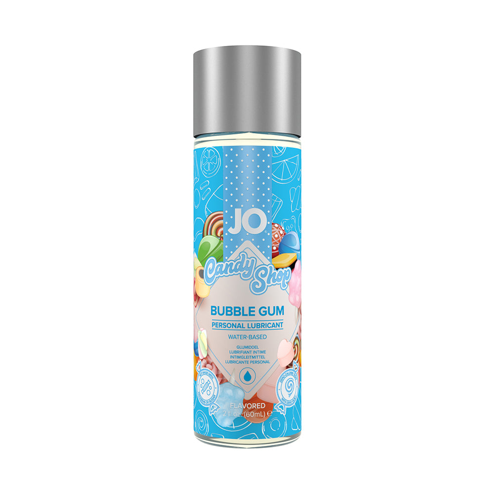 JO Candy Shop Bubble Gum Flavored Water-Based Lubricant 2 oz. JO Candy Shop Bubble Gum 2 oz lubricant front of clear bottle with blue patterned label, candy artwork and silver cap