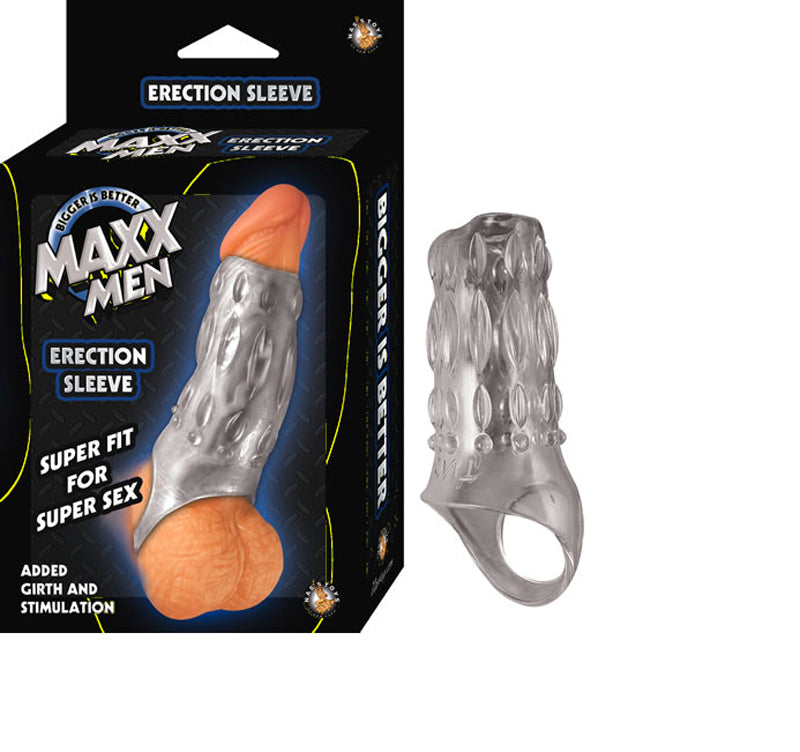 Maxx Men Erection Sleeve (Clear) Nasstoys Maxx Men Clear Sleeve clear textured sleeve beside black retail box