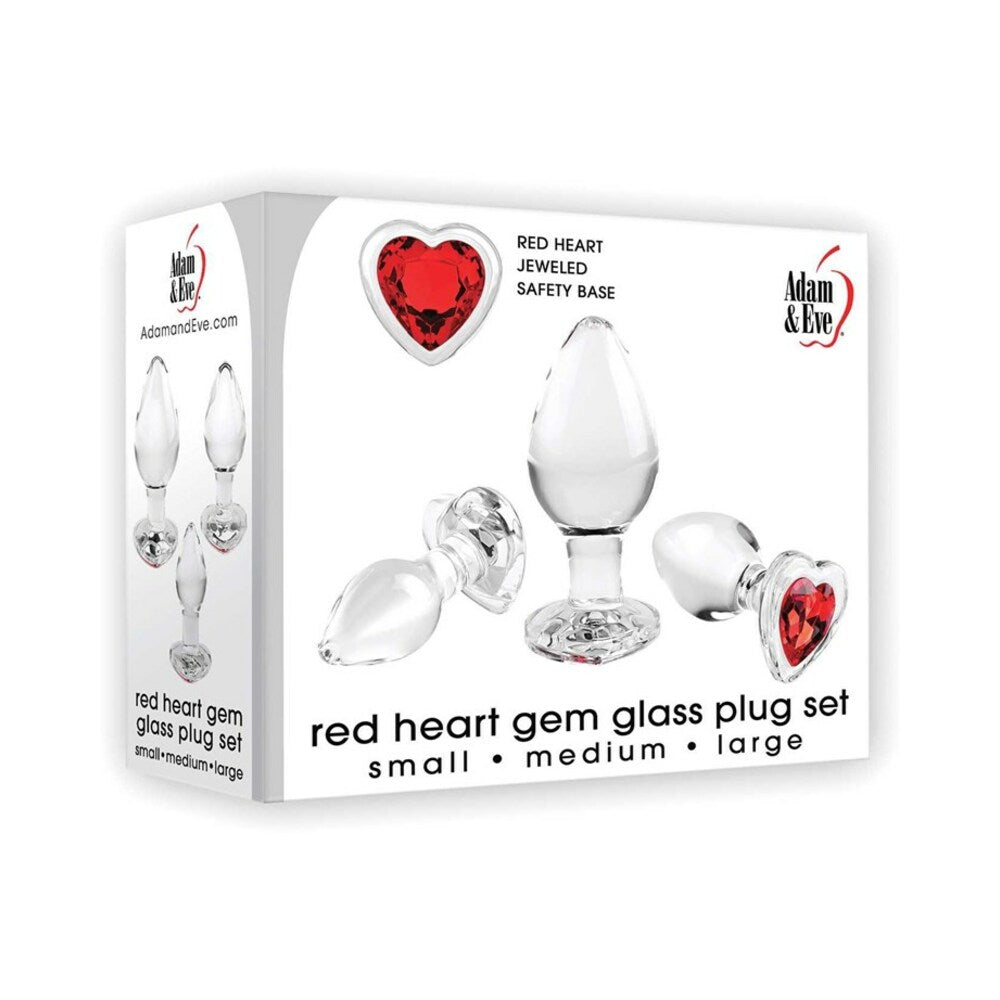 Adam & Eve Red Heart Gem Glass Plug Set Adam & Eve Red Heart three-piece glass plug set three sizes pictured on white retail box
