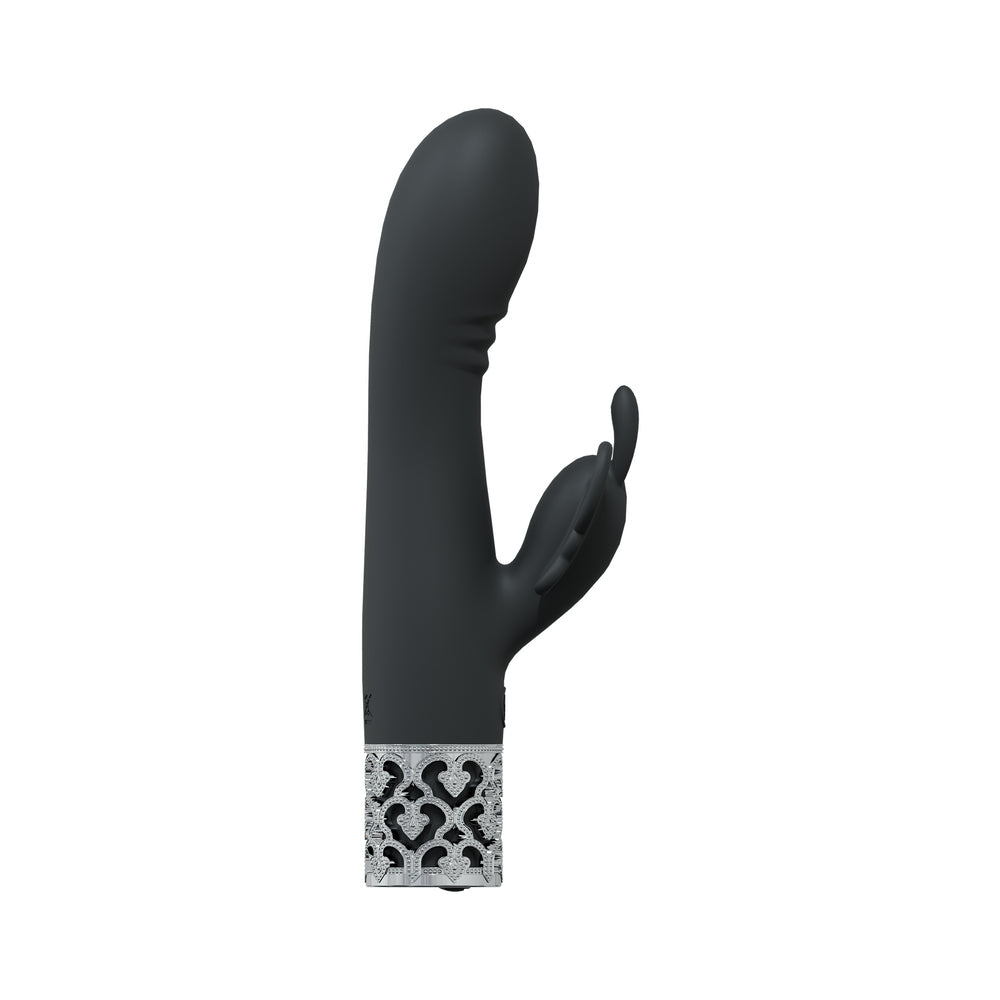 Royal Gems Monarch Silicone Rechargeable Vibrator Black black Royal Gems Monarch vibrator with curved side arm and silver patterned base