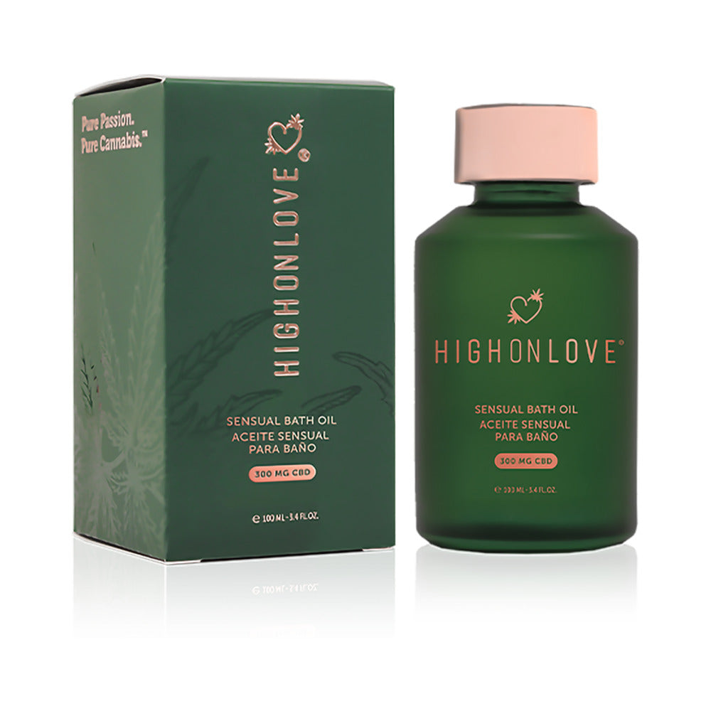 HighOnLove CBD Bath & Body Oil green HighOnLove CBD Bath and Body Oil bottle beside matching carton
