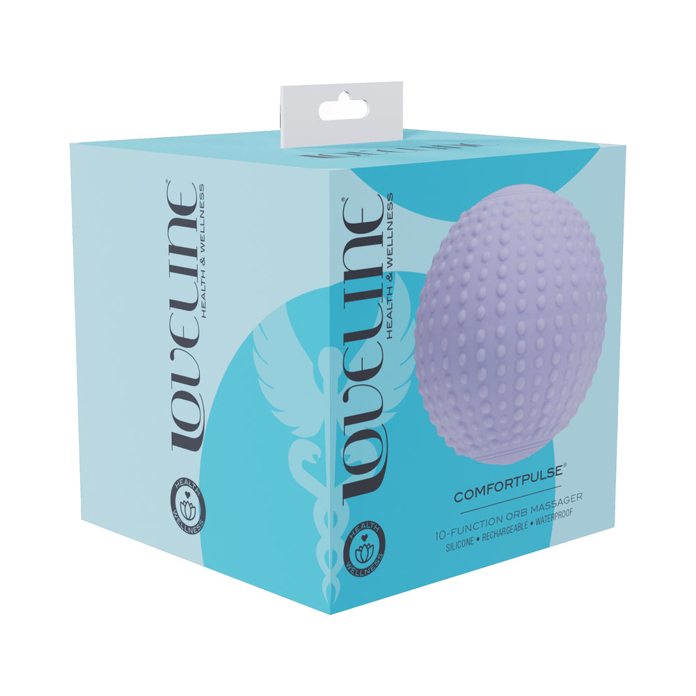 LoveLine ComfortPulse Silicone Massager Lavender Lavender LoveLine ComfortPulse orb massager pictured on turquoise retail box