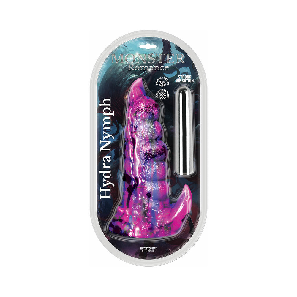 Monster Romance Hydra Nymph with Vibrating Bullet Silicone Dildo 7.5 in. Hott Products Hydra Nymph fantasy dildo translucent purple textured design with black bullet in retail package