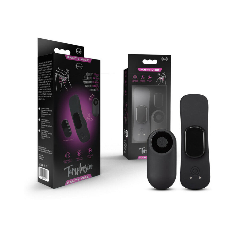 Temptasia Panty Vibe Rechargeable Remote-Controlled Silicone Wearable Vibrator Black Black Temptasia wearable vibrator and remote beside retail boxes