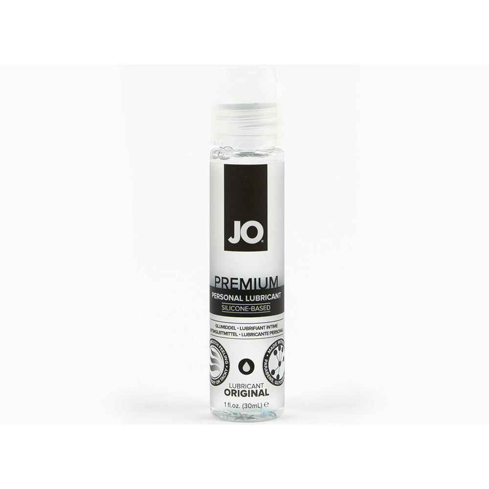 JO Premium Original Silicone-Based Lubricant 1oz. Front view of 1 oz JO Premium Original bottle with silver cap and black label