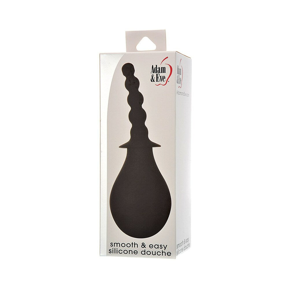 Adam & Eve Smooth & Easy Silicone Douche Adam & Eve Smooth and Easy black silicone douche pictured inside white retail box