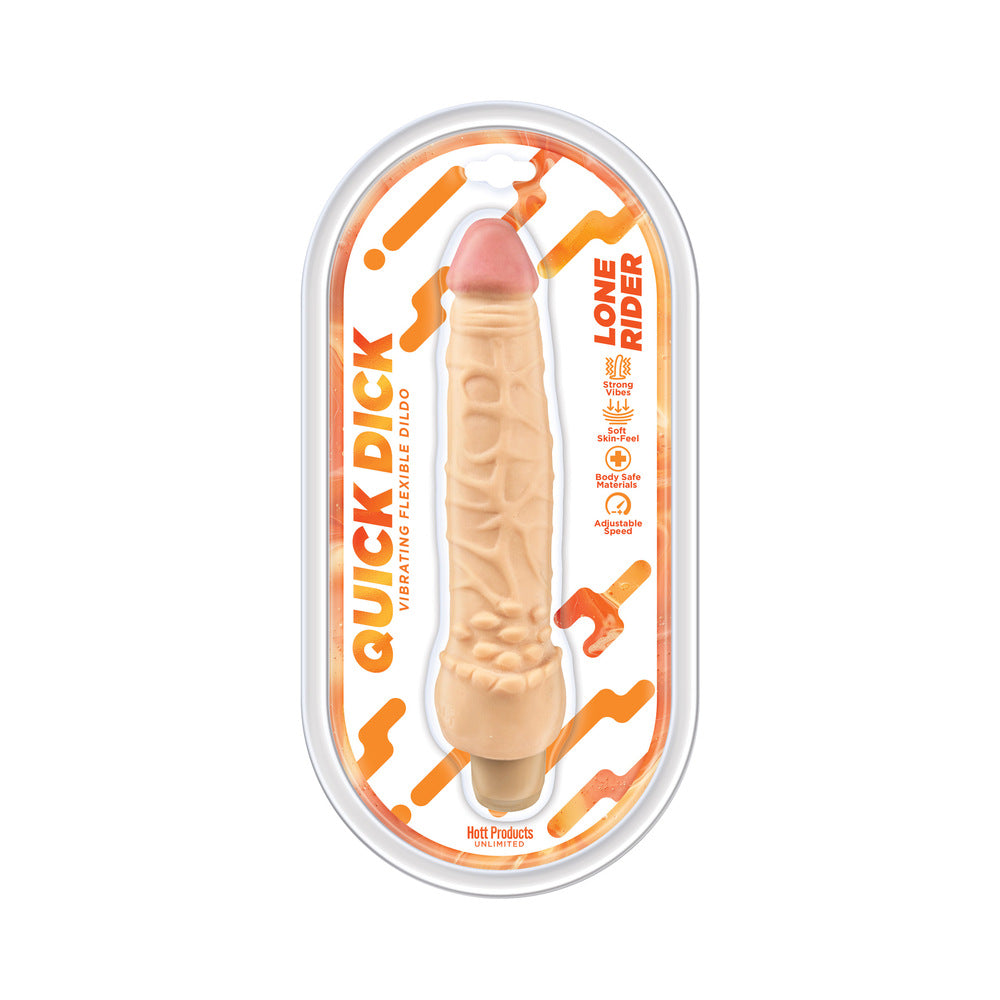 Quick Dick Lone Rider 8 in. Vibrating Flexible Dildo Ivory Quick Dick Lone Rider vibrator with pink tip in clear package