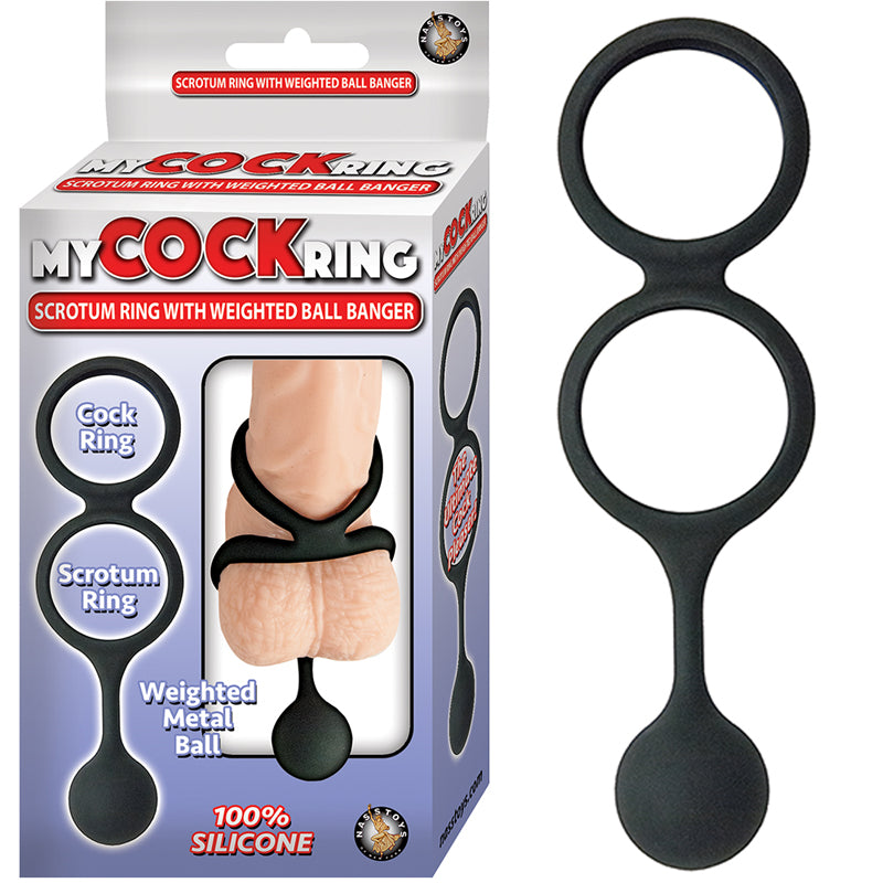 My Cock Ring Scrotum Ring With Weighted Ball Banger Silicone Black Nasstoys My Cock Ring Black Weighted Ball Ring beside white red retail carton
