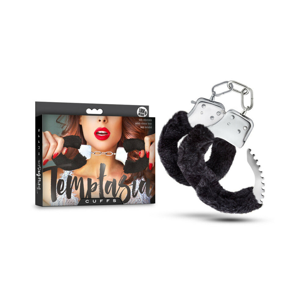 Temptasia Adjustable Faux Fur Cuffs Black Blush Temptasia Black Faux-Fur Cuffs beside black retail carton
