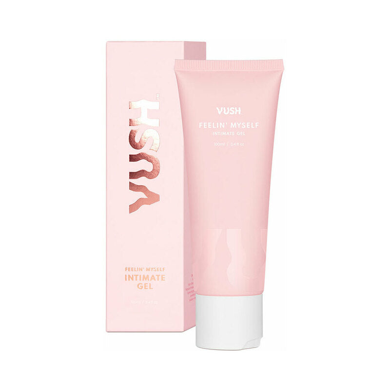 VUSH Feelin'' Myself Intimate Gel 3.4 oz. pink VUSH Feelin Myself 3.4 oz gel tube standing beside matching carton