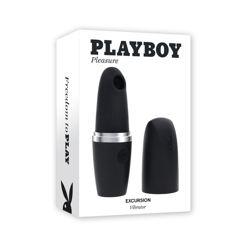 Playboy Excursion Rechargeable Suction Vibe Silicone 2AM Playboy Excursion 2AM black suction vibrator and cap beside white box