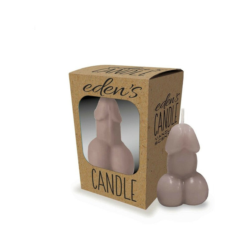 Eden''s Penis Candle Taupe taupe sculpted Eden's penis candle with white wick beside kraft display box