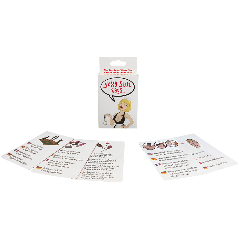 Sexy Slut Says… Card Game Sexy Slut Says box with task and rule cards spread out