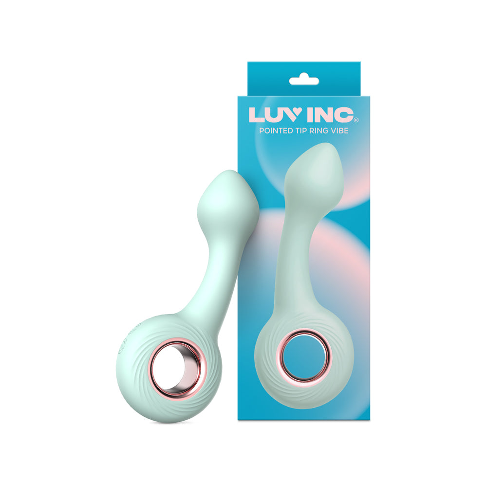 Luv Inc Pt16: Pointed Tip Ring Vibe Green aqua Luv Inc PT16 pointed-tip ring vibrator beside its teal retail box
