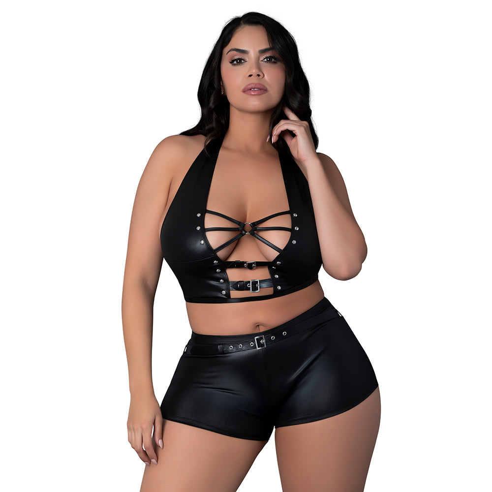 Lust Fetish Thalia Black Queen Size Lust Fetish Thalia queen-size black cutout halter top and short set front view