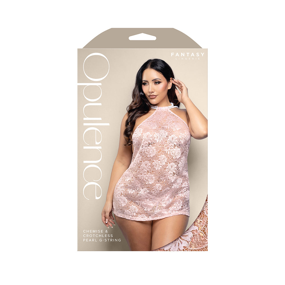 Fantasy Lingerie Opulence Pearl Draped Open-Back Halter Chemise & Crotchless Pearl G-String Light Pink Queen Size Fantasy Lingerie Opulence Pearl Draped Open-Back Halter Chemise & Crotchless Pearl G-String Light Pink Queen Size