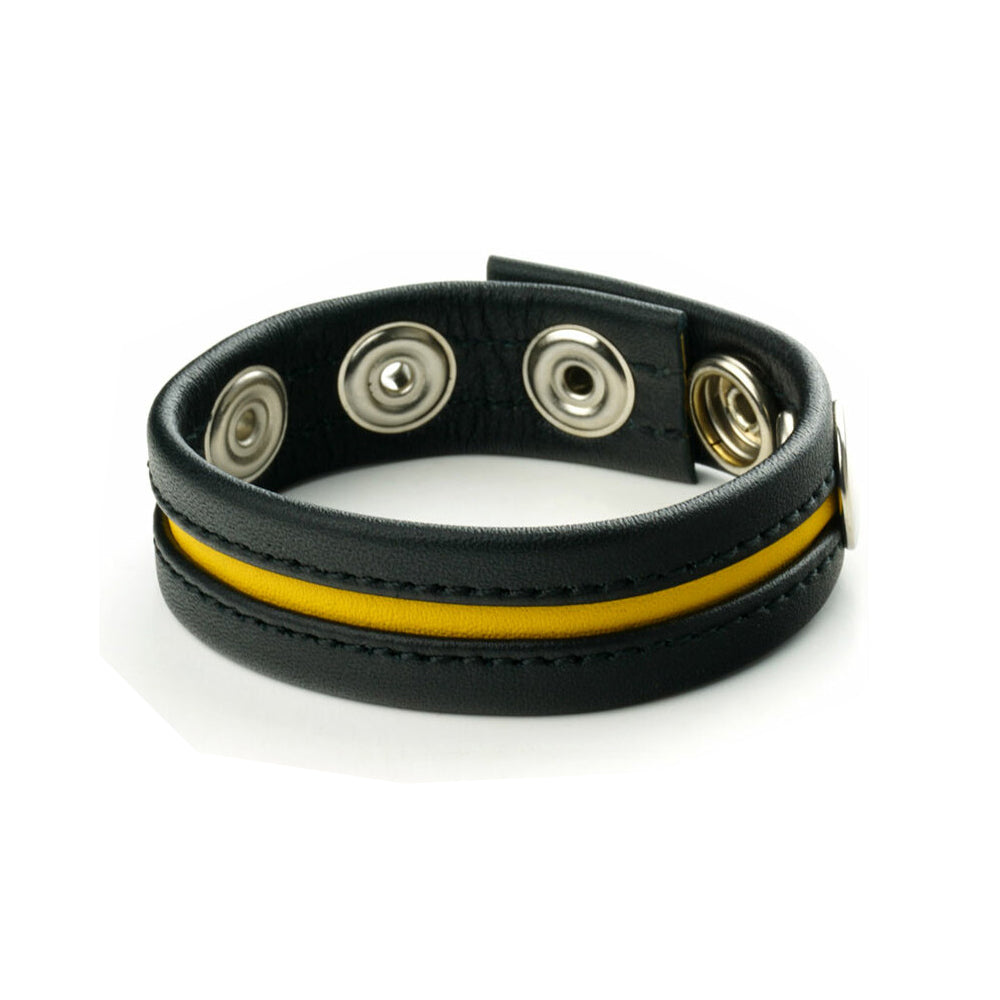 Prowler RED Cock Strap Black/Yellow Black Prowler RED leather cock strap with yellow center stripe fastened round