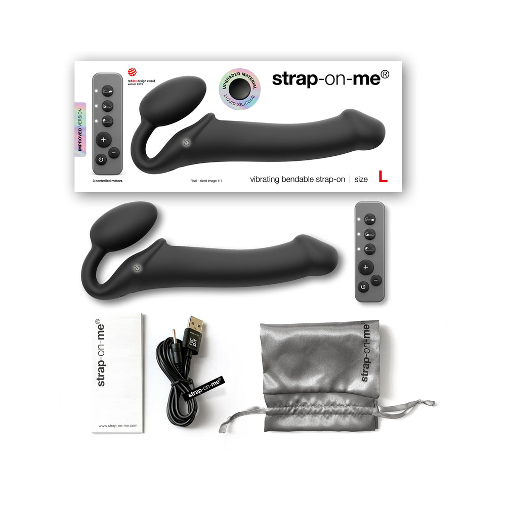 Strap-On-Me Rechargeable Remote-Controlled Silicone Vibrating Bendable Strap-On Black L Black large Strap-On-Me set with remote, cable, pouch and box