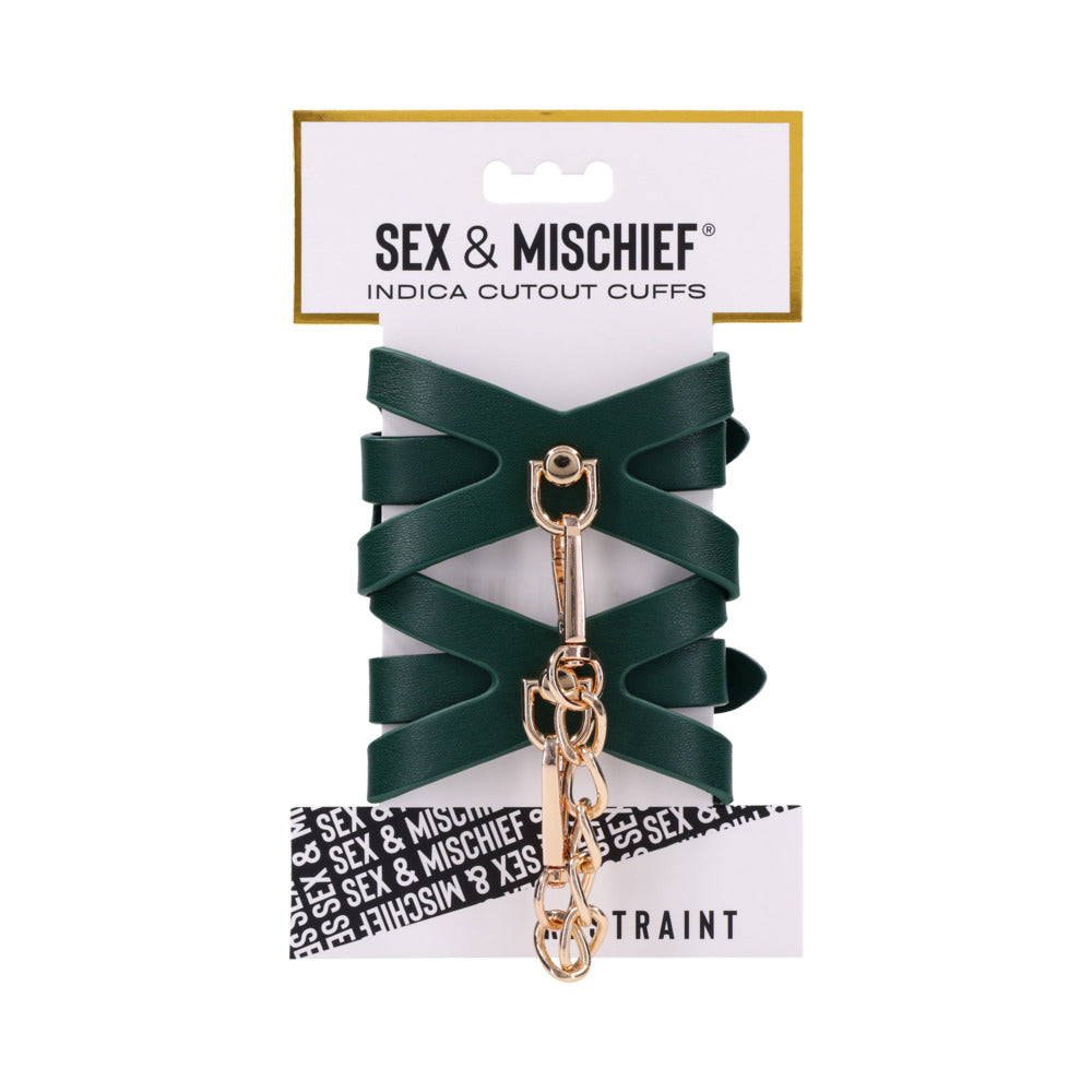 Sportsheets Sex & Mischief Indica Cutout Cuffs Green Sportsheets Indica cutout cuffs with gold buckles and connecting chain