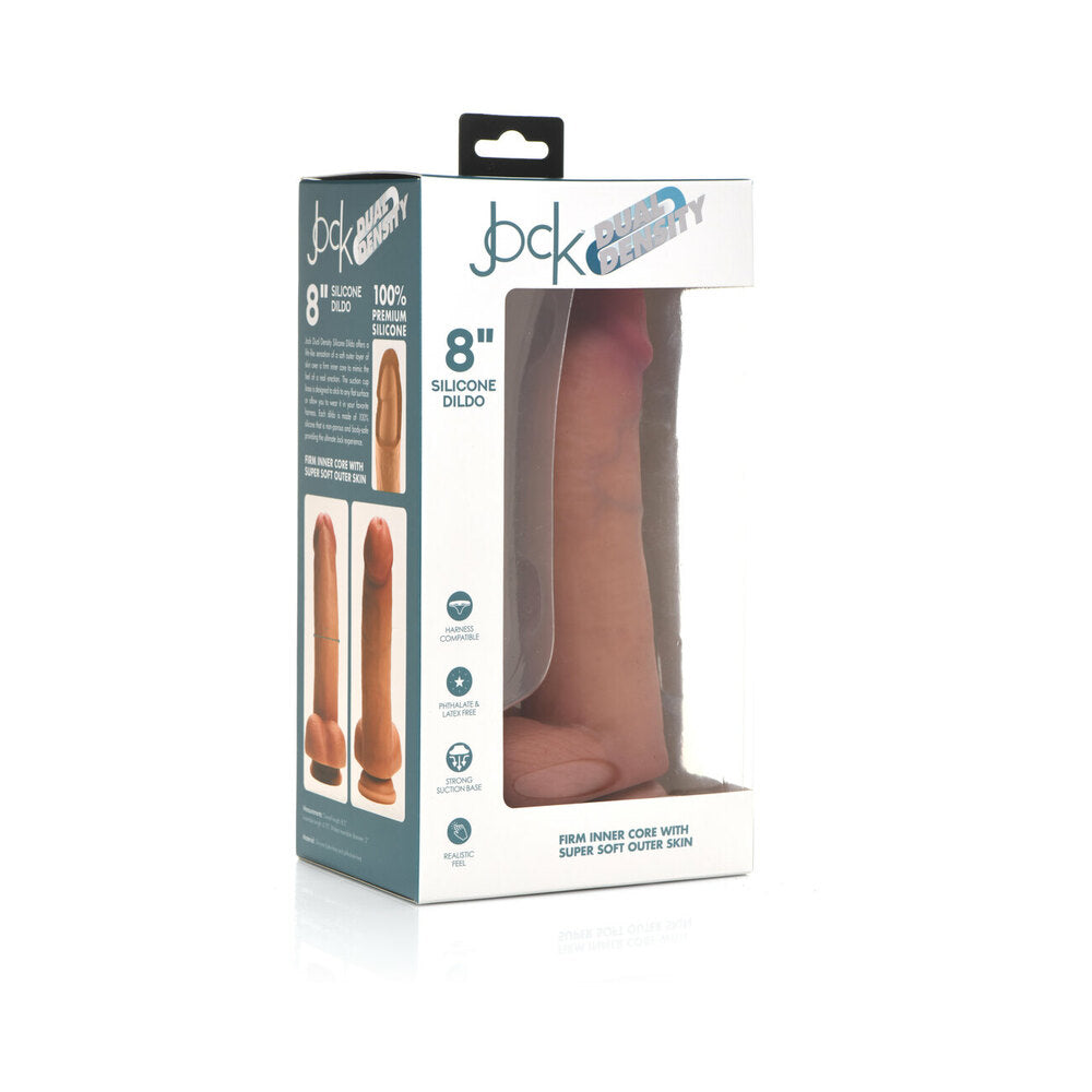 Curve Toys Jock Dual Density 8 in. Silicone Dildo with Balls & Suction Cup Light Curve Jock Light 8 dildo with balls angled retail box
