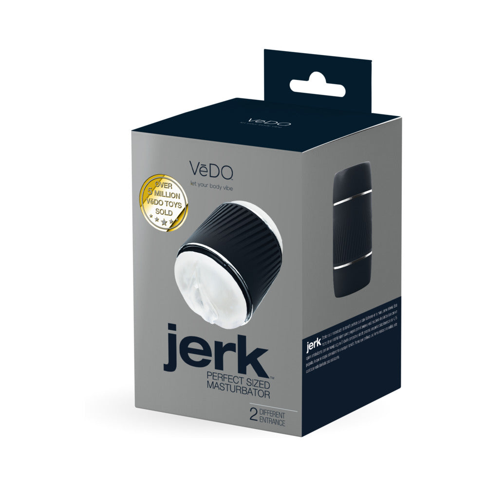 VeDO Jerk Masturbation Sleeve Black with Clear Sleeve black VeDO Jerk grip sleeve with clear liner pictured on black retail box