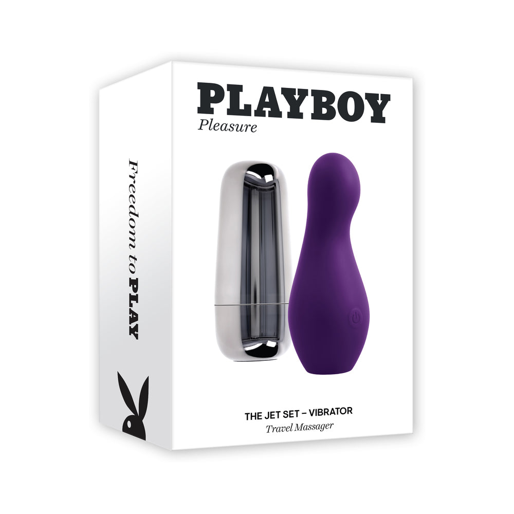 Playboy The Jet Set Vibe Acai/White Playboy Jet Set Vibe purple vibrator and silver case pictured on box