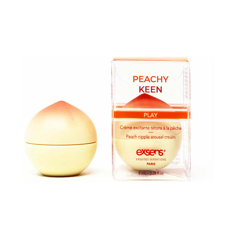 Exsens Nipple Arousal Cream Peachy Keen 0.3 oz. closed peach-shaped Exsens Peachy Keen cream jar beside clear box