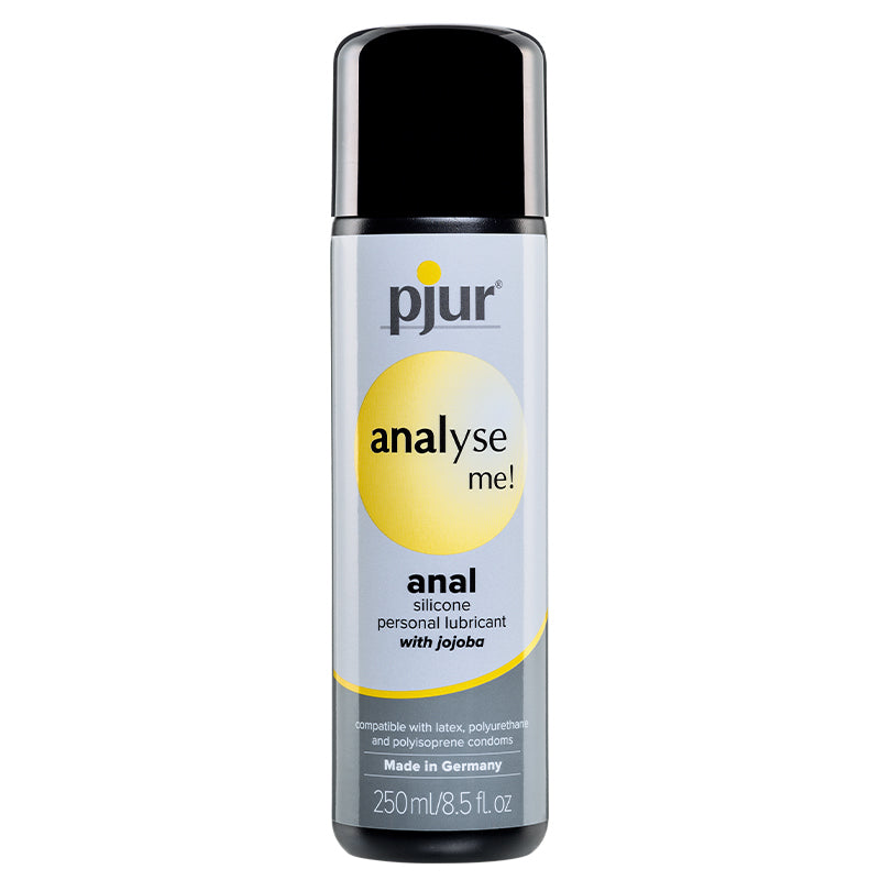 Pjur Analyse Me! Anal Silicone Lubricant 250ml/8.5oz Bottle Pjur Analyse Me Silicone Lubricant 250 ml tall white bottle with black cap and yellow black label