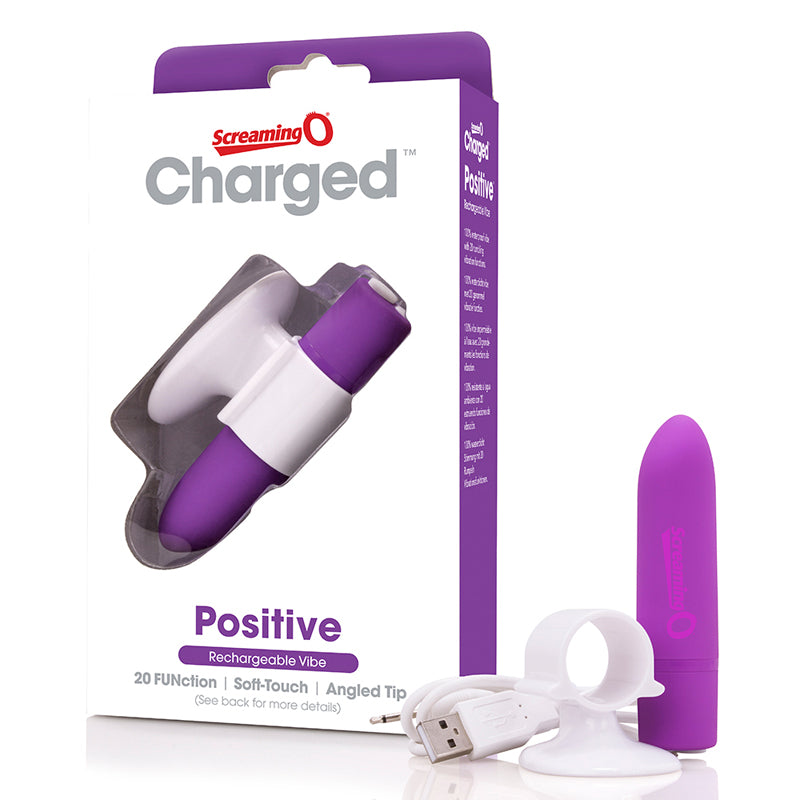 Screaming O Charged Positive Vibe - Grape Screaming O Positive Grape Bullet Vibe beside purple white retail carton and USB cable