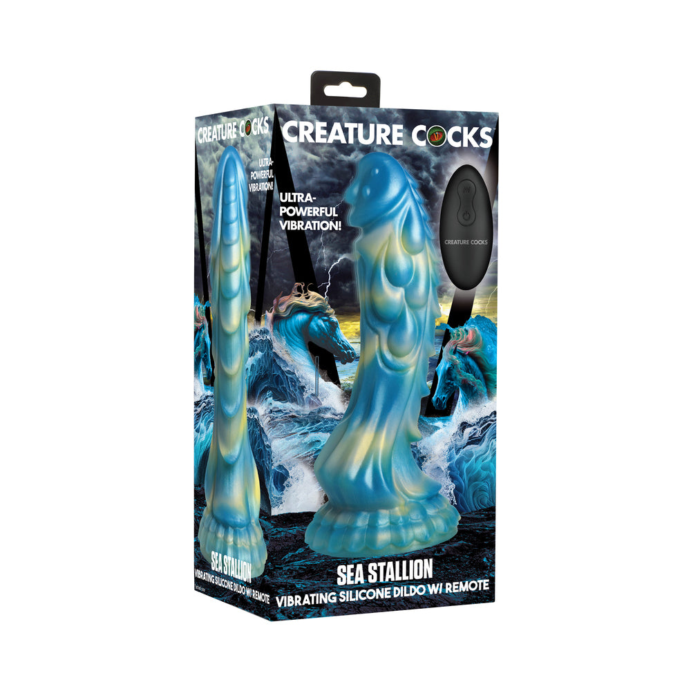 Creature Cocks Sea Stallion Vibrating Silicone Dildo with Remote blue and gold Sea Stallion vibrating dildo with black remote on box