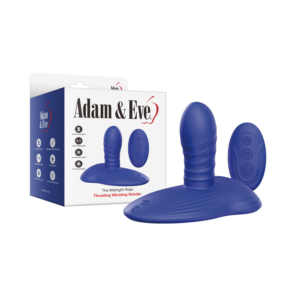 Adam & Eve The Midnight Rider Blue Adam and Eve Midnight Rider grinder and oval remote beside retail box