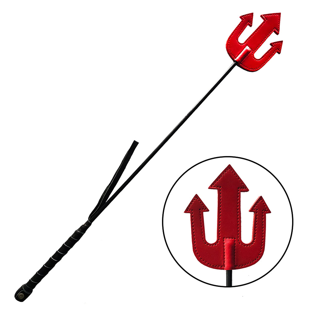 Rouge Leather Devil Riding Crop Red Rouge Garments red Devil leather trident riding crop full-length view with enlarged trident tip inset