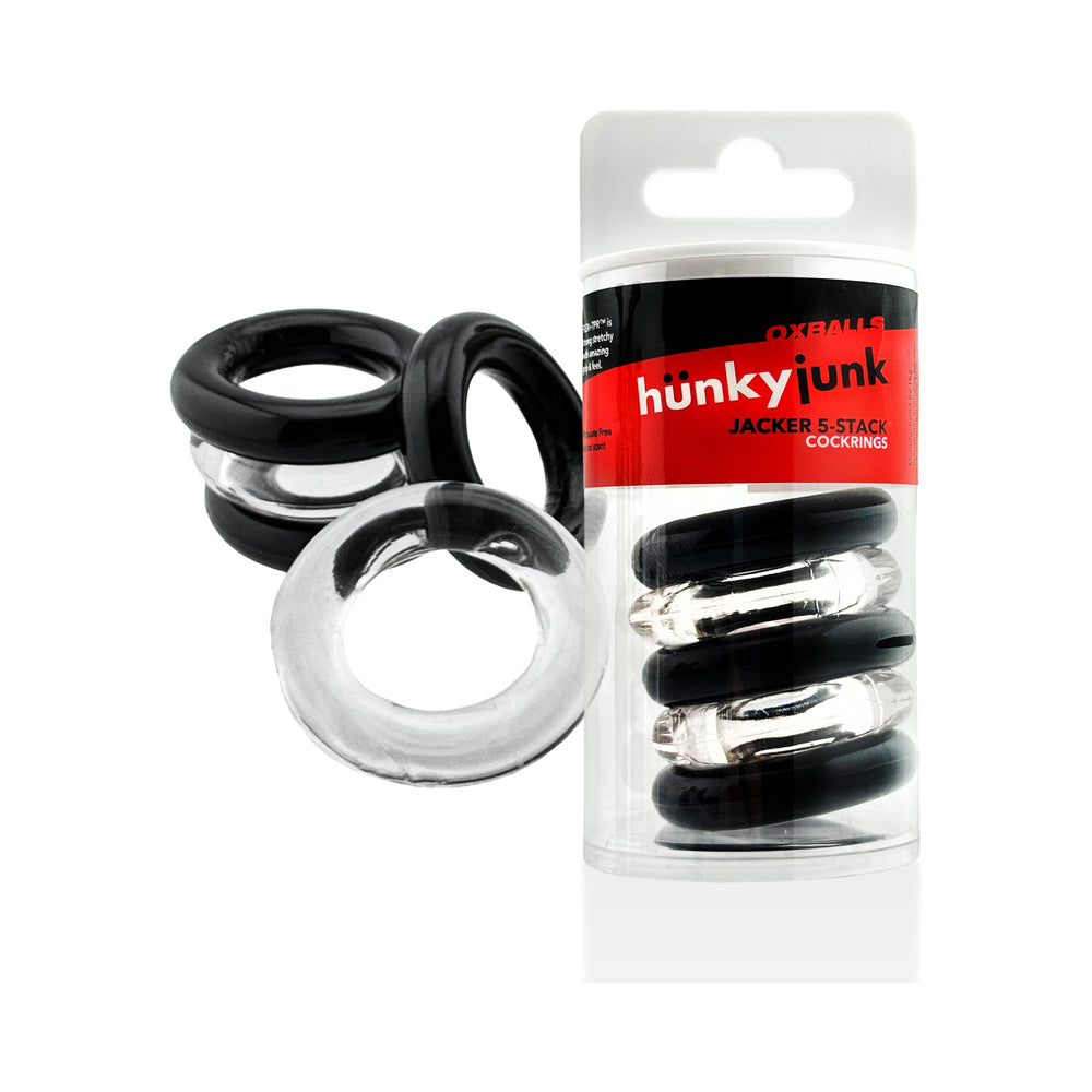 Hunkyjunk Jacker 5-Stack Five-Pack Tube Super-Strong Cockrings Clear/Black Oxballs Hunkyjunk Jacker clear and black five-pack retail tube beside the five loose rings