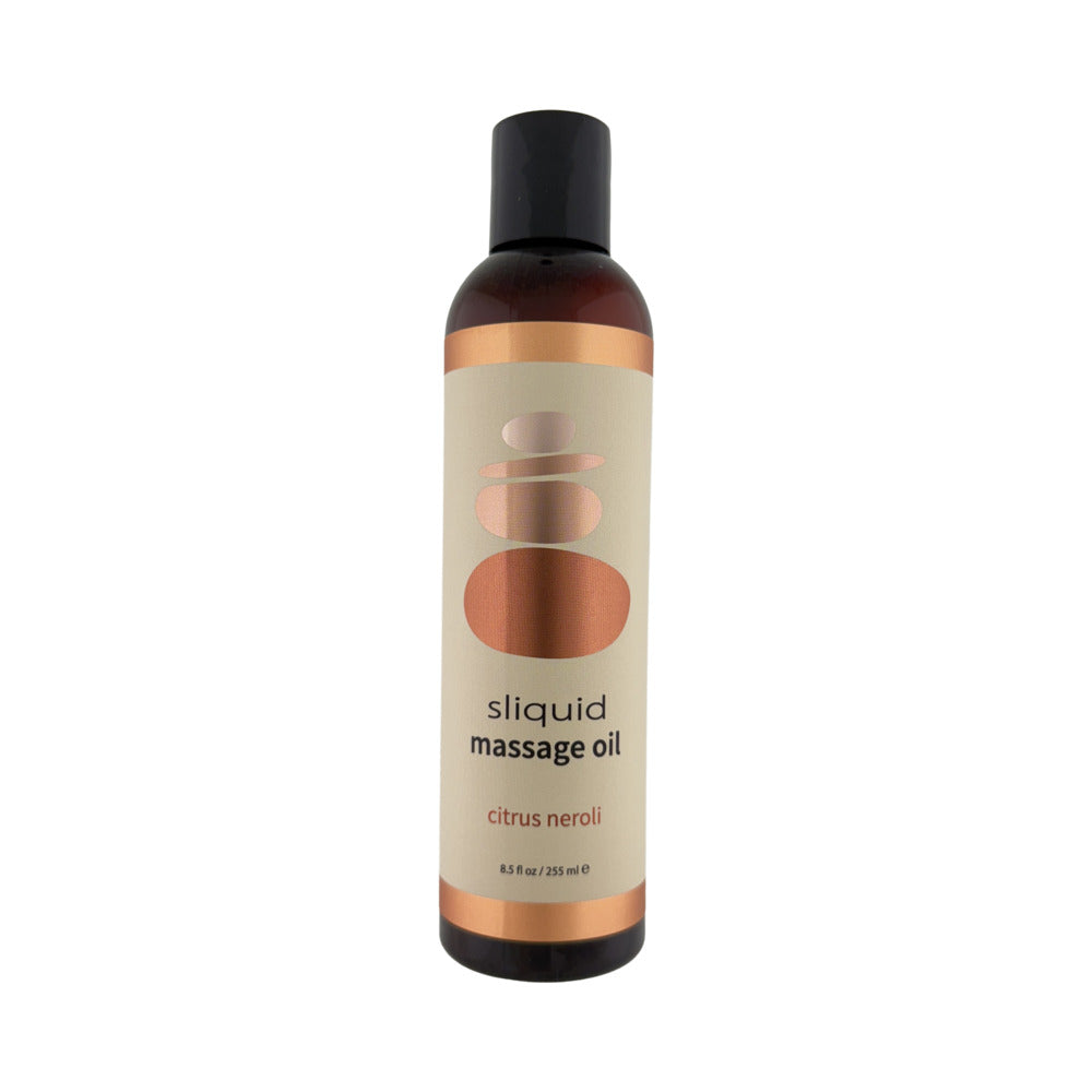 Sliquid Massage Oil Citrus Neroli 8.5 oz. Sliquid Citrus Neroli Massage Oil 8.5 oz bottle with black cap and coral label