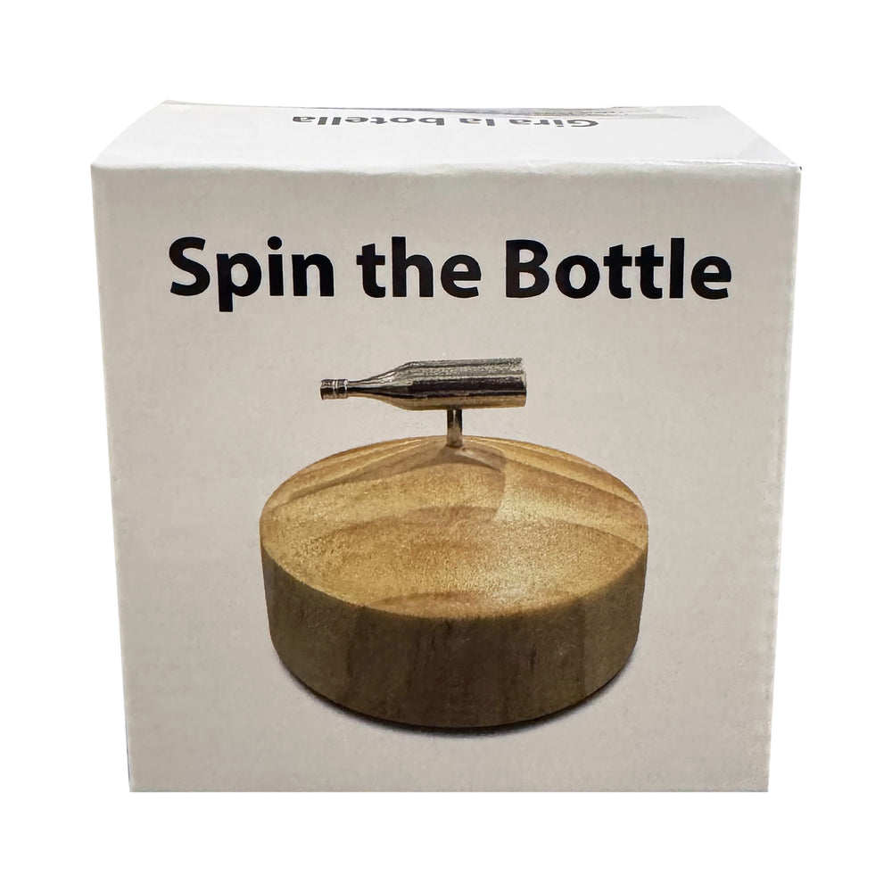 Spin the Bottle Spin the Bottle white game box with metal spinner on a round wood base