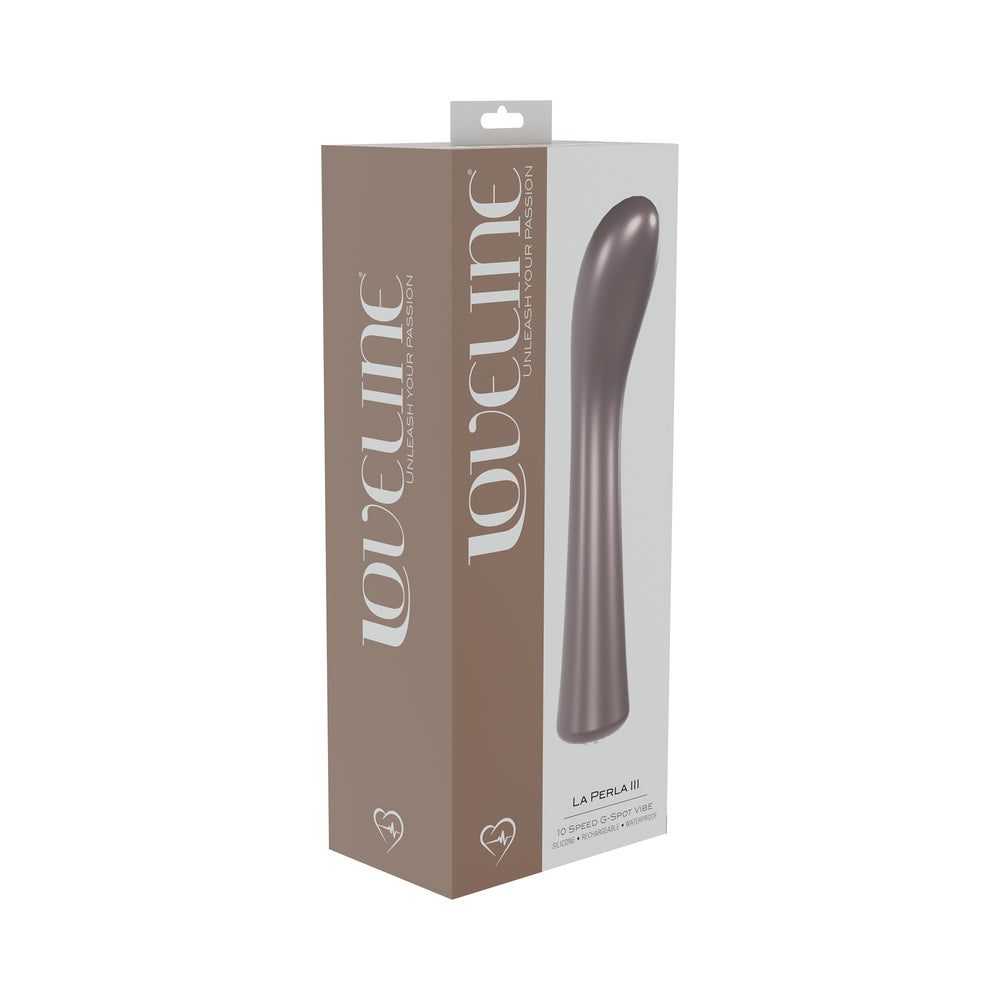 LoveLine La Perla III Rechargeable Silicone G-Spot Vibrator Pink light pink LoveLine La Perla III curved G-spot vibrator on taupe retail box