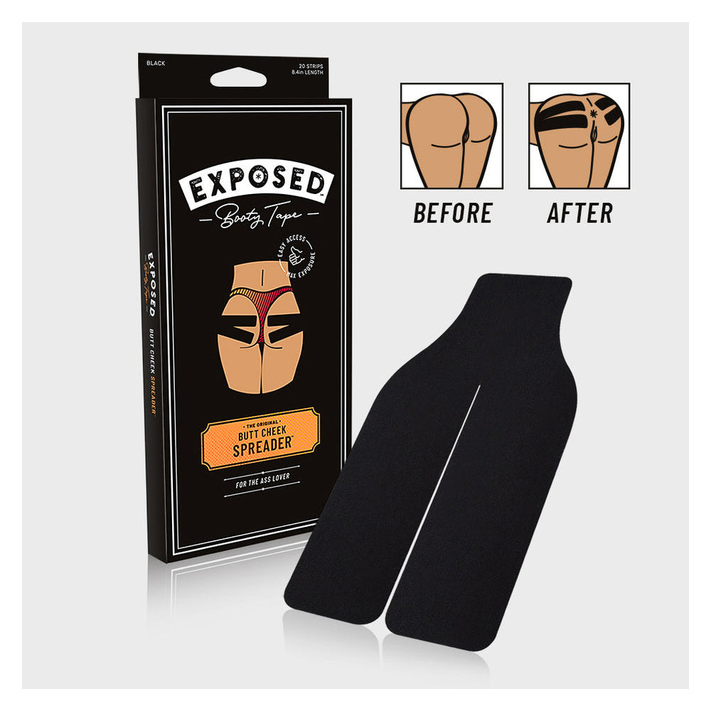 Exposed Booty Tape (20 Pieces Per Box) Exposed Booty Tape box with two black pre-cut strips