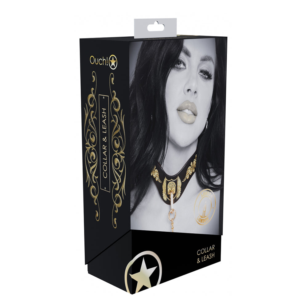 Ouch! International London Collection Collar with Leash black London collar with gold embroidered panel and chain leash on box