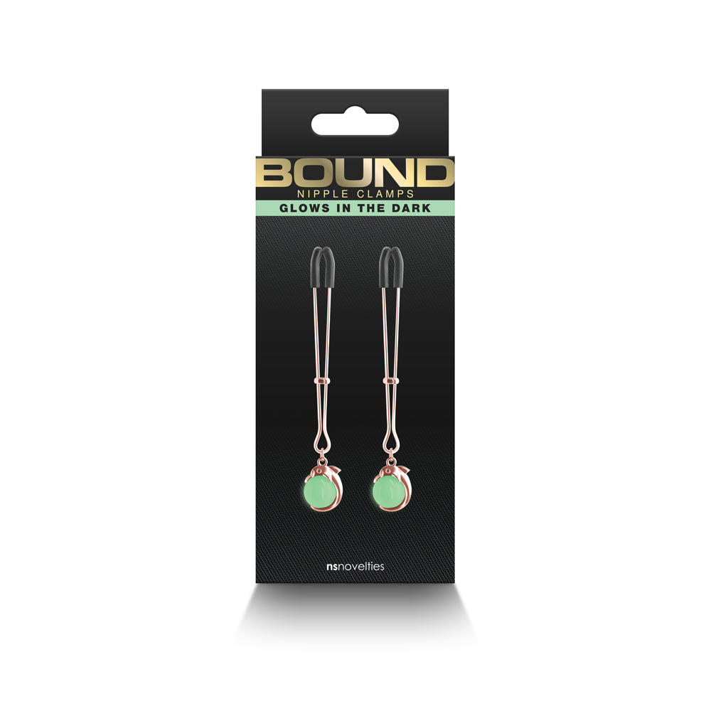Bound Nipple Clamps G1 Rose Gold NS Novelties Bound G1 rose gold drop nipple clamps front retail package