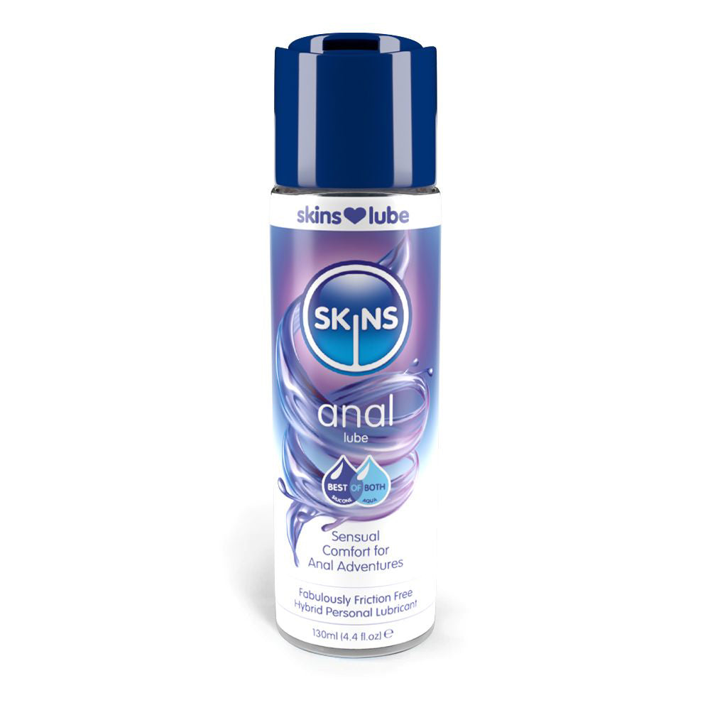 Skins Fusion Hybrid Silicone and Water-Based Lubricant 4.4 oz Front of Skins Fusion 4.4 oz hybrid lubricant bottle with purple label