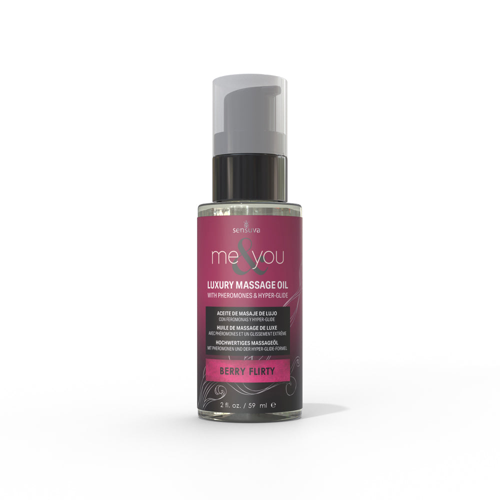 Sensuva Me & You Pheromone-Infused Luxury Massage Oil Berry Flirty 2 oz. Sensuva Me and You Berry Flirty massage oil in burgundy pump bottle