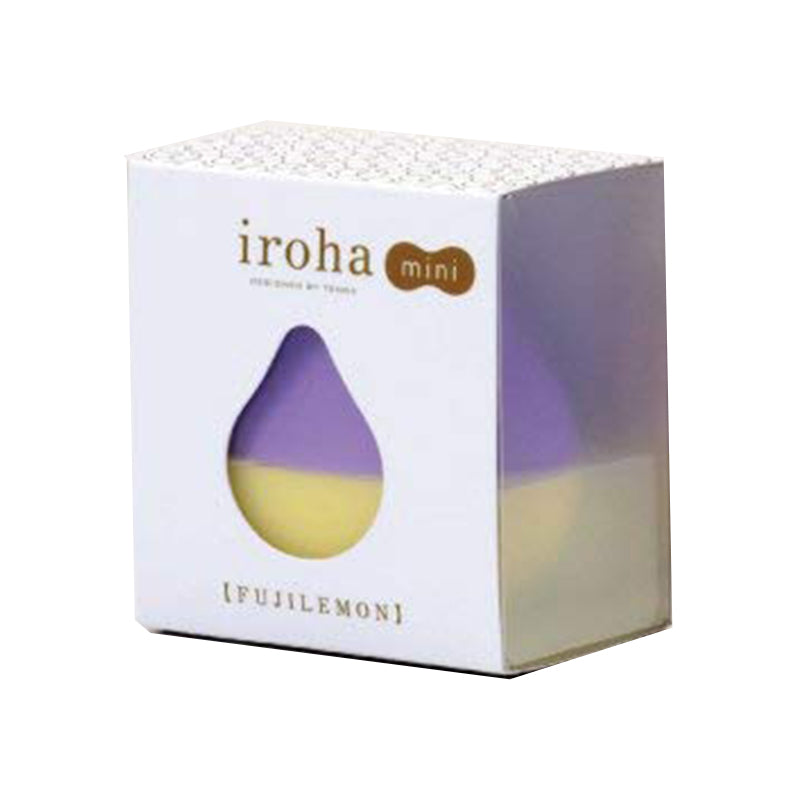 iroha Mini Fuji-Lemon pocket vibrator white cube box with purple-and-yellow drop graphic and gold lettering