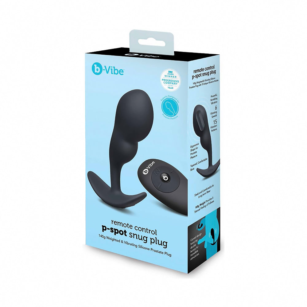 b-Vibe Vibrating P-Spot Snug Plug Large with Rechargeable Remote Control black large b-Vibe P-Spot Snug Plug with rechargeable remote pictured on box
