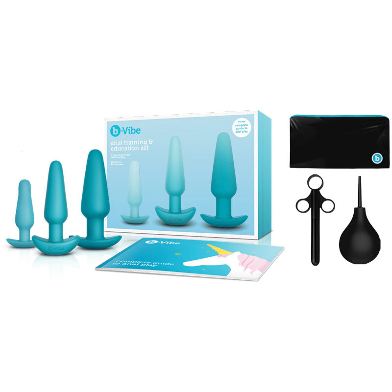 b-Vibe 7-Piece Anal Training & Education Set Teal b-Vibe teal anal training set aqua presentation box with graduated plugs, guide cards and black tool silhouettes