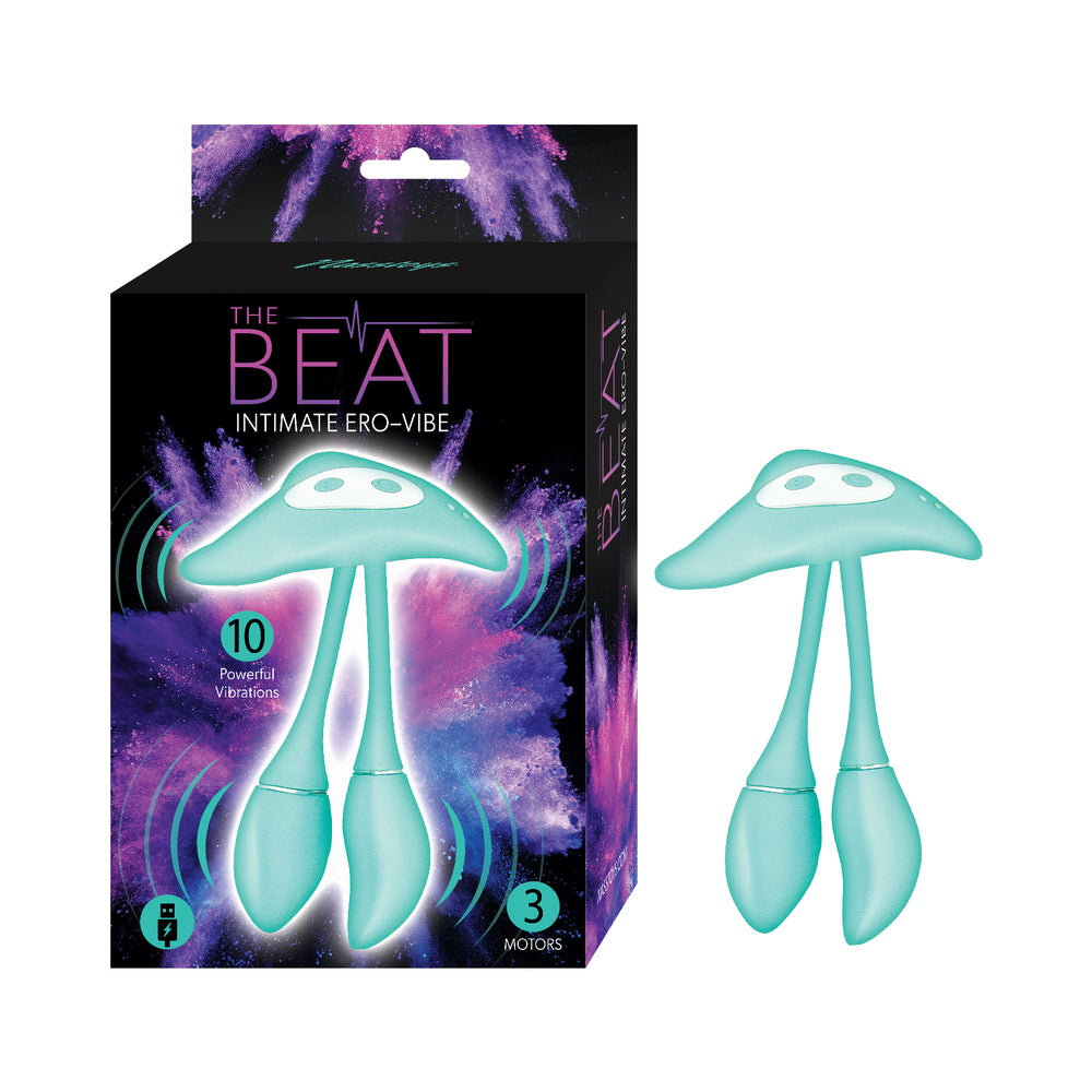 The Beat Intimate Ero-Vibe Aqua Aqua Nasstoys The Beat arched three-motor Ero-Vibe beside black box