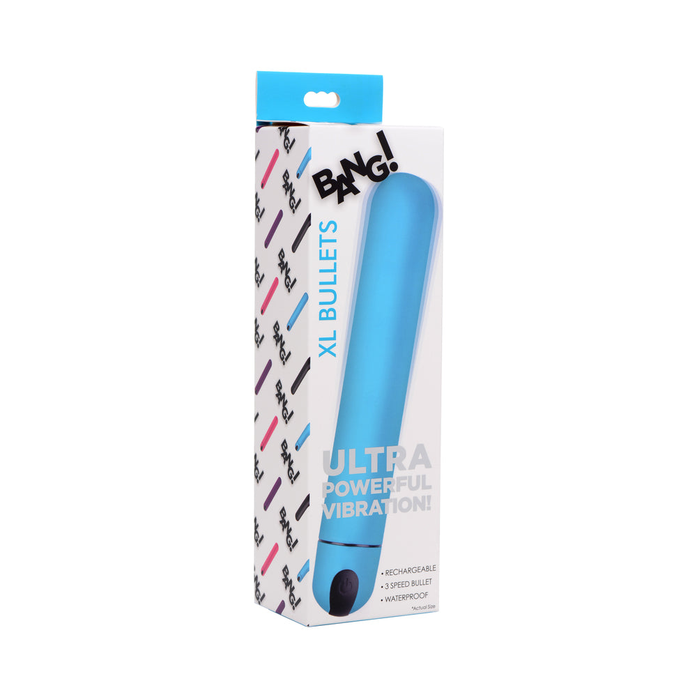 BANG! XL Bullet Vibrator Blue blue BANG XL rechargeable bullet vibrator displayed on tall white box