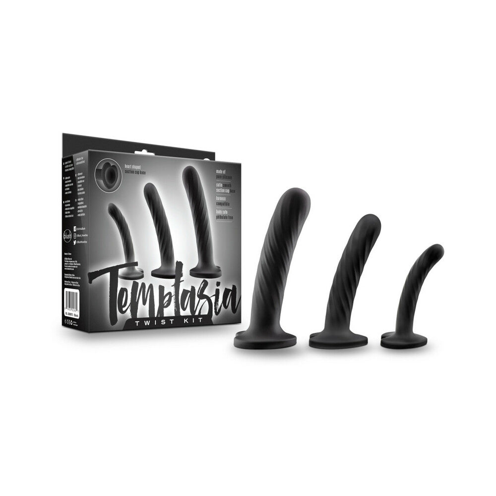 Temptasia Twist Kit 3-Piece Silicone Dildo Set Black Blush Temptasia Twist black three-piece set beside black retail box