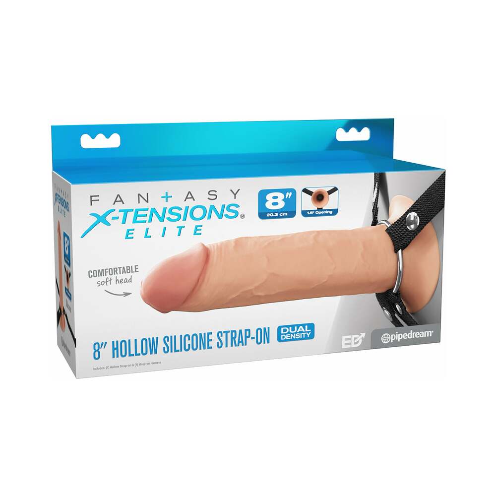 Fantasy X-Tensions Elite Hollow Silicone Strap-On 8 in. Light Fantasy X-Tensions Elite 8-inch light hollow strap-on with black harness in blue retail box