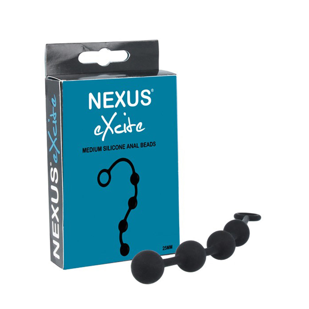 Nexus EXCITE Anal Beads Silicone Medium Black Nexus Excite medium black anal beads beside retail box