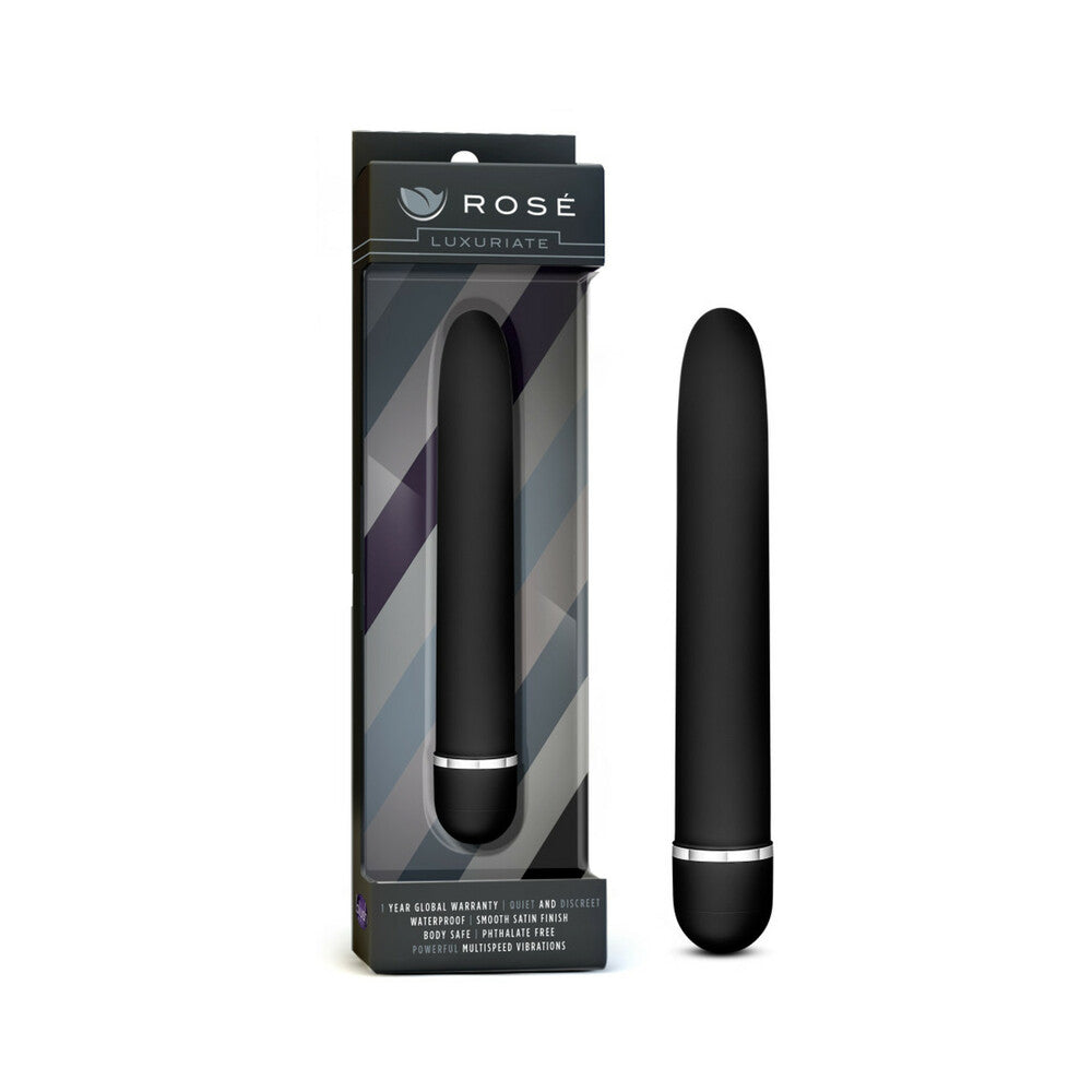 Rose Luxuriate Classic Slimline Vibrator Black Rose Luxuriate Classic black slimline vibrator beside retail box
